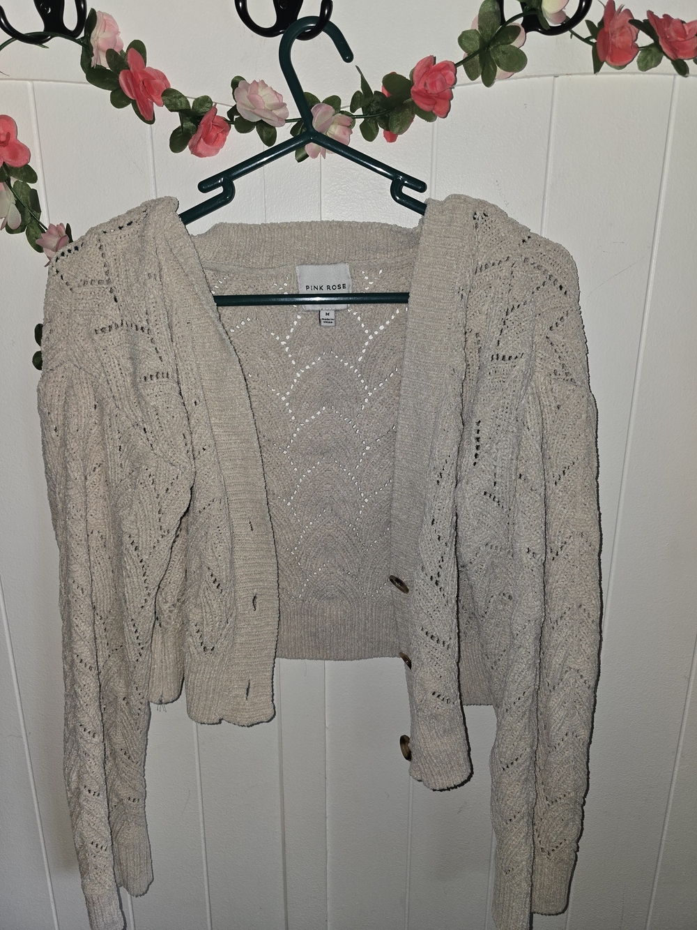 Pink Rose Beige Openwork Knit Cardigan